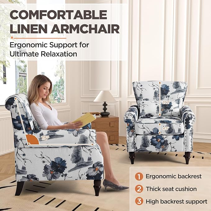 Wingback Accent Chair with Removable Pillow, High Back Floral Armchair with Solid Wood Legs & Nailhead Trim, Comfy Upholstered Reading Single Sofa Chair for Bedroom (2, Ink Blue Pattern)-Ruum Studio Home
