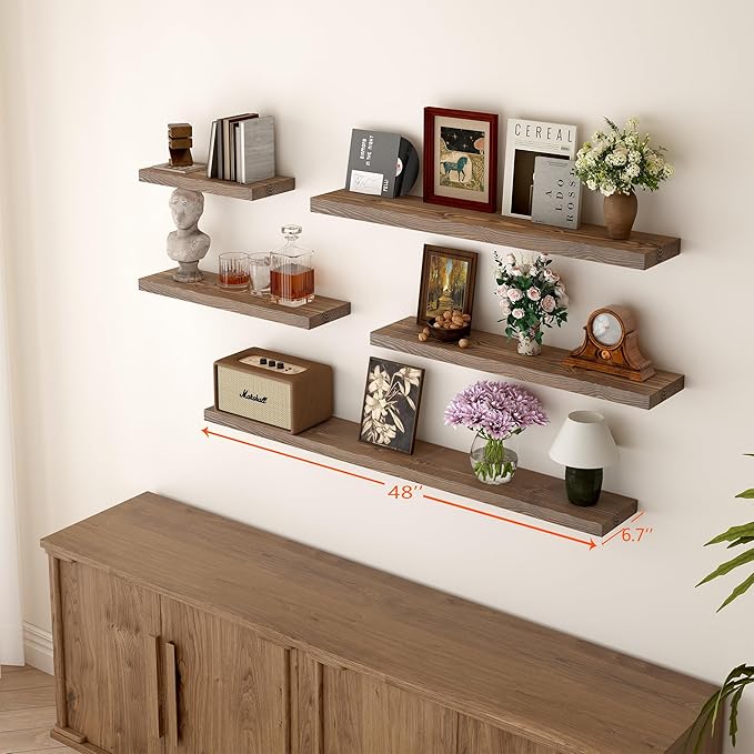 BGMG Floating Shelves for 48 inch Long Set of 2,Wide Rustic Wooden Wall Shelves for Bathroom Living Room Bedroom Kitchen Farmhouse-48x6.7x1.25 inch- Walnut-Ruum Studio Home