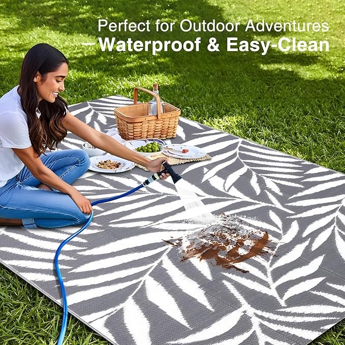 OLANLY Waterproof Outdoor Rug 5x8 ft, Reversible Outdoor Plastic Straw Rug with Leaf Pattern, RV Mat, Indoor Outdoor Carpet for Patio, Camping, Balcony, Deck, Backyard, Grey & White-Ruum Studio Home