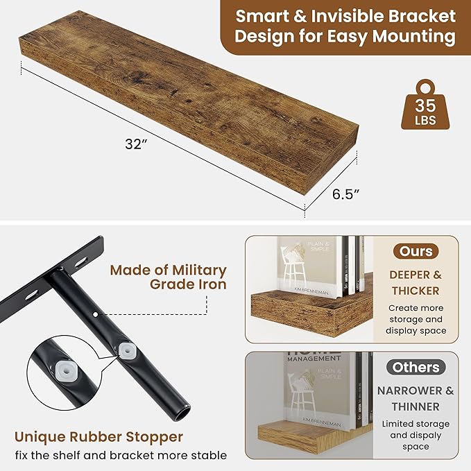 fuqing Floating Shelves for Wall, Bathroom Shelf Wall Mounted for Storage, Shelves with Invisible Bracket for Bedroom, Kitchen, Living Room, Farmhouse Small Book Shelf, 32 Inch Set of 2, Rustic Brown-Ruum Studio Home