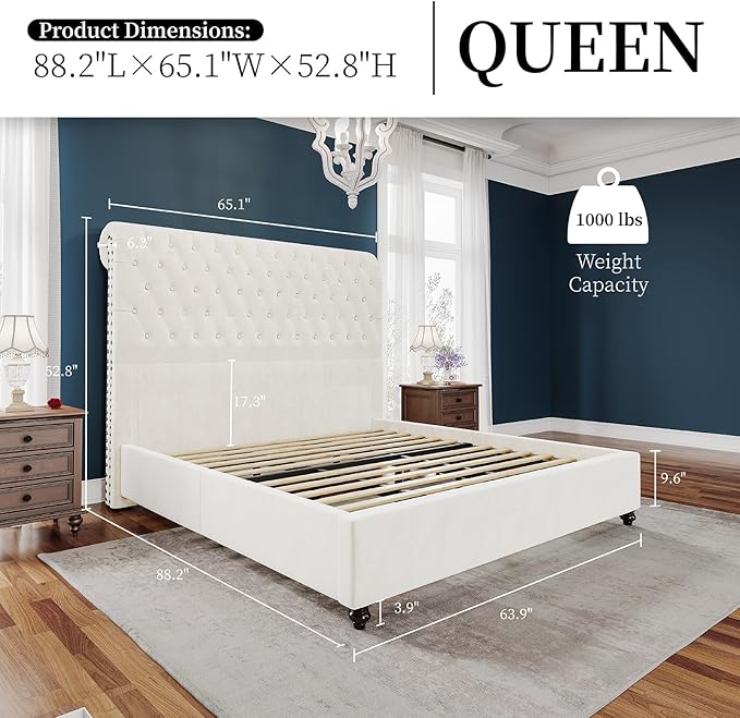 PaPaJet Bed Frame Queen Size Upholstered Platform Bed with 52.8'' Tall Sleigh Headboard, Button Tufted, No Box Spring Needed, Easy Assembly, Cream-Ruum Studio Home