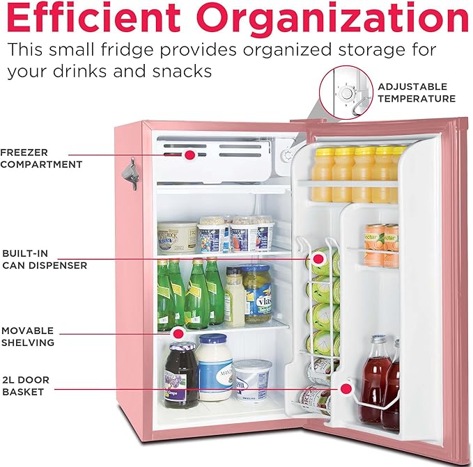 Frigidaire EFR376 Retro Bar Fridge Refrigerator with Side Bottle Opener, 3.2 cu. Ft, Pink/Coral-Ruum Studio Home