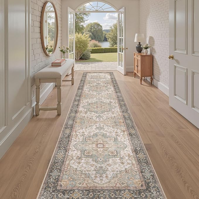 Washable 2.6x12 Runner Rug - Area Rugs Neutral Vintage Distressed Floral Farmhouse Boho Large Soft Floor Rug Indoor Carpet for Hallway Entryway Kitchen Home - Forest Green Orange-Ruum Studio Home