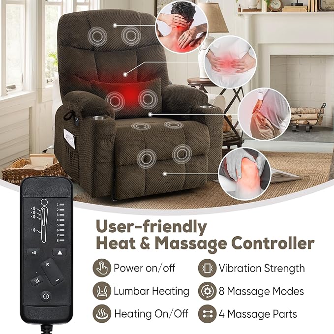 Oversized Dual Motor Lay Flat Power Lift Recliner Chair with Massage, Heating, Lumbar Pillow, USB & Type-C Ports, Textile Lift Chairs Recliners, Large Recliner for Big & Elderly People - Brown-Ruum Studio Home