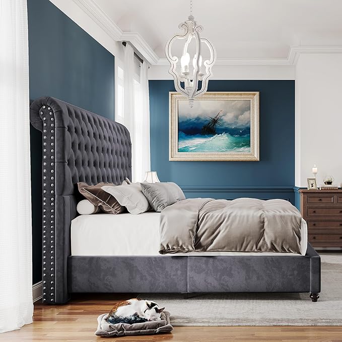 PaPaJet Bed Frame Queen Size Upholstered Platform Bed with 52.8'' Tall Sleigh Headboard, Button Tufted, No Box Spring Needed, Easy Assembly, Dark Grey-Ruum Studio Home