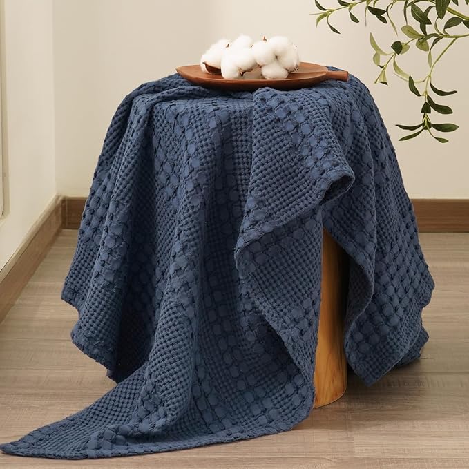 PHF 100% Cotton Waffle Weave Throw Blanket, Soft Lightweight Breathable Cozy Summer Throws for Couch Bed Sofa, Luxury Aesthetic Woven Blanket for Home Decor & Office, 50"x60", Dark Navy-Ruum Studio Home