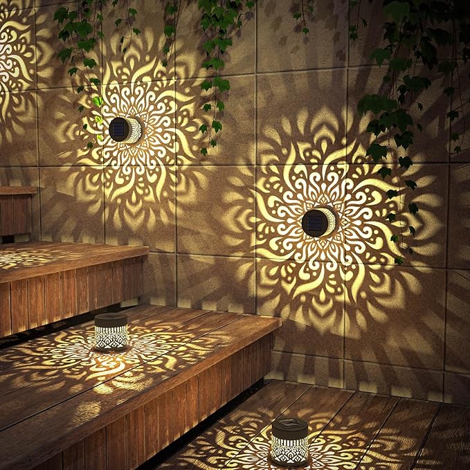 4 Pack Solar Fence Lights Metal Solar Powered Outdoor Wall Deck Step Lights Mandala Theme Waterproof Fence Light for Garden Post Patio Backyard Decor (4 Pack)-Ruum Studio Home