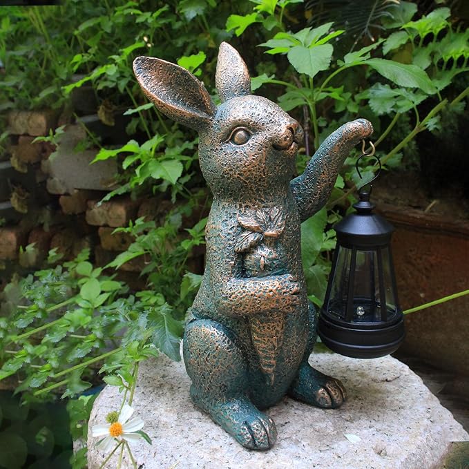 Solar Garden Statues -Rabbit Lantern Outdoor Handmade Resin Statue with LED Light, Cute Carrot Holder for Patio, Yard, Gift Ideas (rabbit2)-Ruum Studio Home