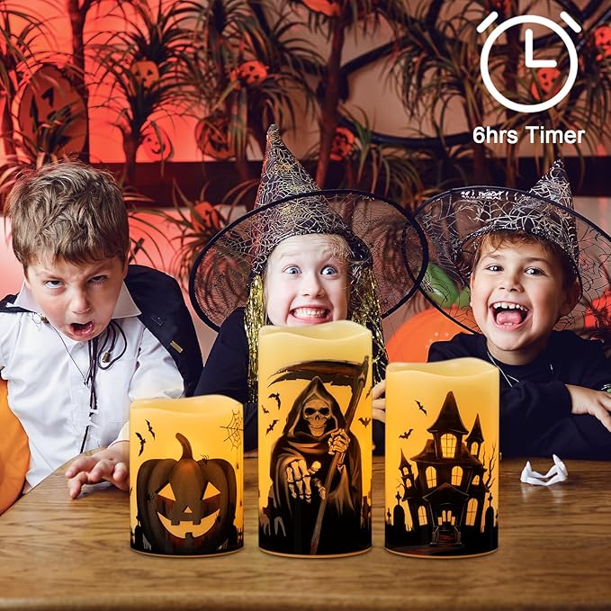 Wondise Halloween Flameless Flickering Candles with 6 Hour Timer, Battery Operated Real Wax Halloween Candles Set of 3 Halloween Decoration Grim Reaper, Haunted House, Pumpkin (3 x 4 5 6 Inch)-Ruum Studio Home