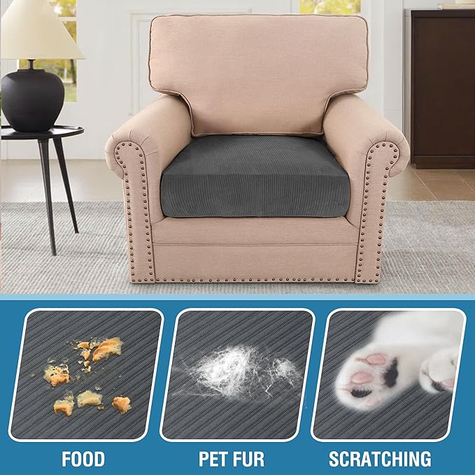 H.VERSAILTEX Velvet Stretch Couch Cushion Cover Plush Cushion Slipcover for Chair Cushion Furniture Protector Seat Cushion Sofa Cover (1 Piece Armchair Cushion Covers, Grey Striped)-Ruum Studio Home