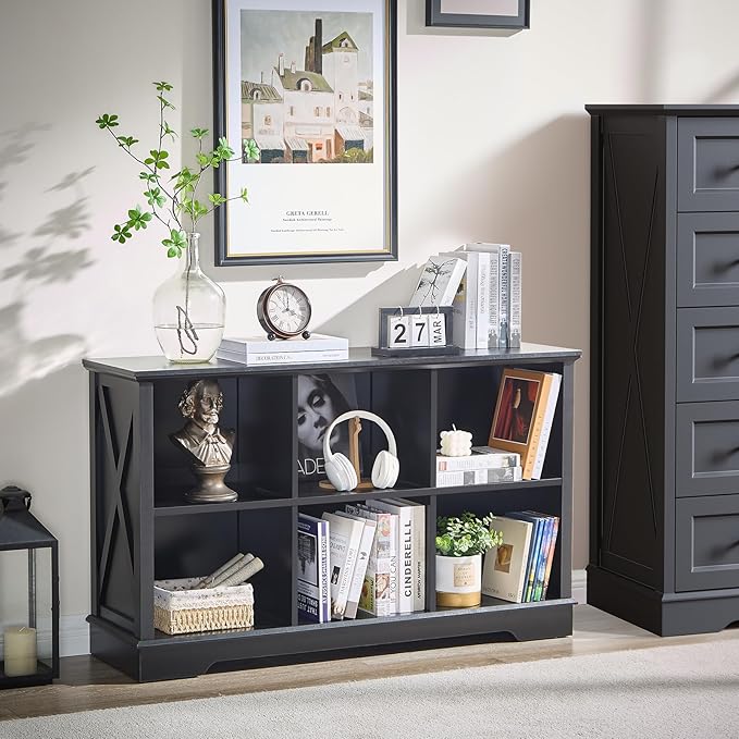 Farmhouse 6 Cube Bookshelf, Black Storage Organizer Bookcase, Kids Toy Storage Cabinet, Long Bookshelves Storage Organizer Shelf, Wood Display Cabinet Book Shelves for Bedroom,Living Room,Office-Ruum Studio Home