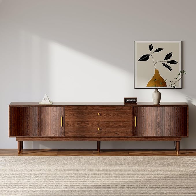 Mid Century Modern TV Stand for 75 inch TV, 78.7" Walnut TV Console with 2 Storage Cabinet & 2 Drawers, Entertainment Center, Media Console for Living Room/Bedroom-Ruum Studio Home