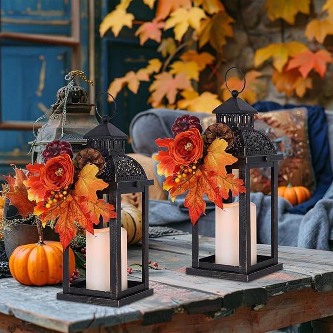 NEEDOMO Fall Decorations for Home, 2 Pcs 15'' Fall Lantern Indoor Outdoor Thanksgiving Decor, Vintage Metal Hanging Candle Holders with Fall Teardrop Wreath and LED Candle for Patio, Porch, Table-Ruum Studio Home