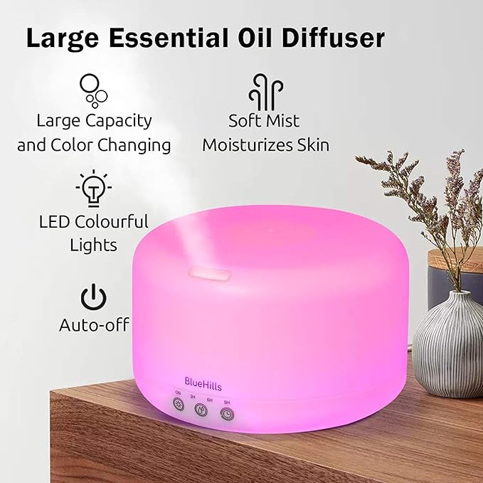 BlueHills Premium 1000 ML XL Essential Oil Diffuser Aromatherapy Humidifier with Remote for Large Room Home 18 Hour Run Huge Coverage Area 1 Liter Mood Lights Extra Large Capacity White D001-Ruum Studio Home