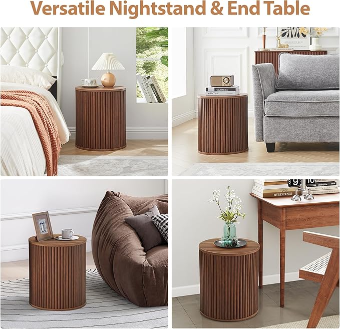 AVZEAR Fluted Round Side Table with Storage, Small Mid Century End Table Fluted Nightstands, Modern Circle Bedside Tables Wood Night Stand for Small Spaces, Living Room, Bedroom (Rustic Walnut)-Ruum Studio Home