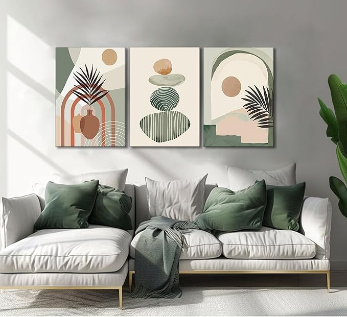 3 Pcs Mid Century Modern Boho Abstract Canvas Wall Art Neutral Green Bohemia Sun and Plant Pictures Wall Decor Posters Print Artwork for Living Room Bedroom Bathroom Office Home Decoration-Ruum Studio Home
