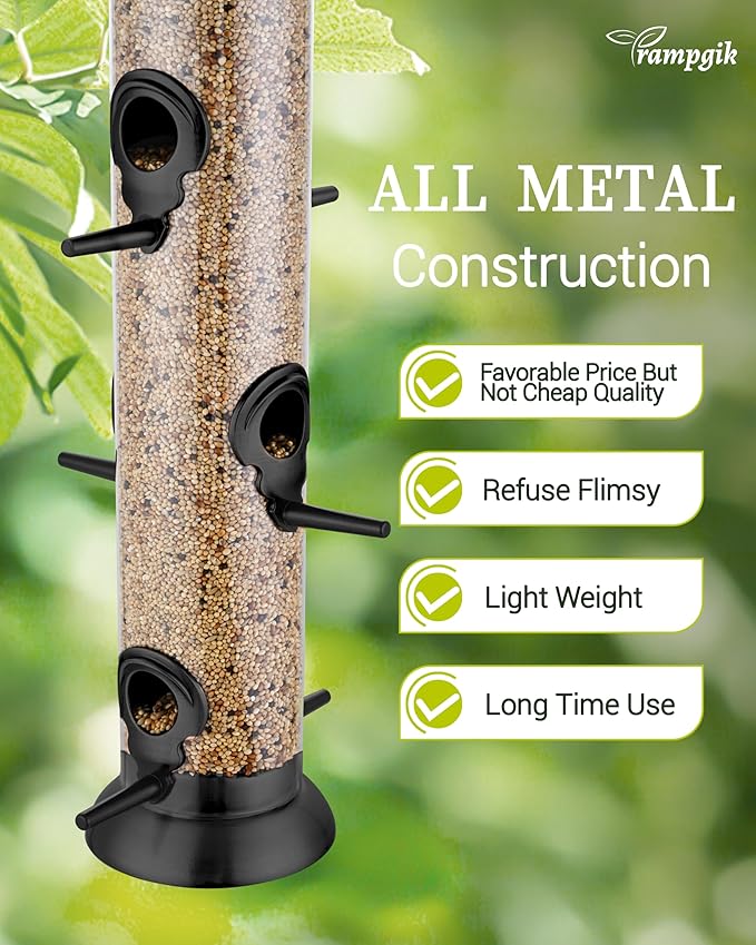 Bird Feeder Premium Hard Plastic for Wild Bird Feeders for Outdoors,Tube Bird Feeders for Outdoors Hanging,14 Inch 6 Port Black,Pack of 1-Ruum Studio Home