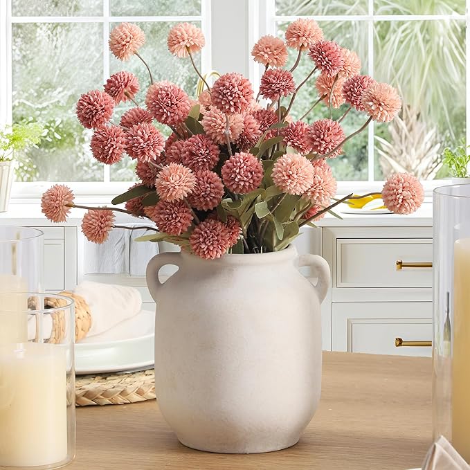 Ceramic Flower Vase Home Decor - 7.6 Inch Farmhouse Rustic White Table Vases with Handle Living Room Decoration Decorative Vintage Pottery for Kitchen Shelf Coffee Dining Desk Bookshelf Fireplace-Ruum Studio Home