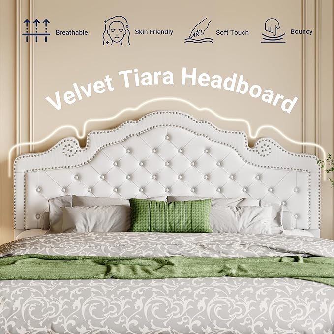 Allewie King Bed Frame with Adjustable Velvet Tiara Headboard, Upholstered Diamond Button Tufted Platform Bed, Wood Slats Support, No Box Spring Needed, Mattress Foundation, Easy Assembly, White-Ruum Studio Home