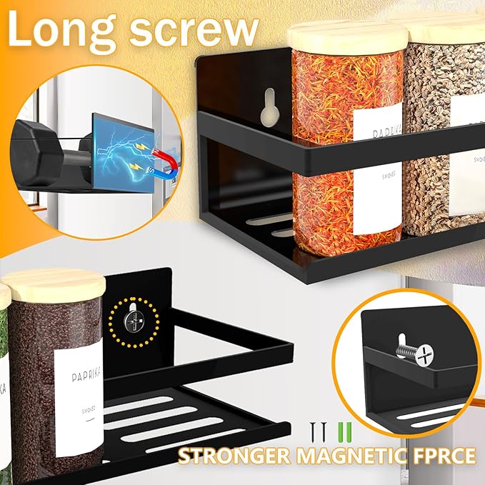 Magnetic Spice Rack Organizer for Fridge Seasoning Organizer for Kitchen Storage With Screw Magnetic Shelf for Oven, RV,Garage,Bathroom(Black, 4pack)-Ruum Studio Home