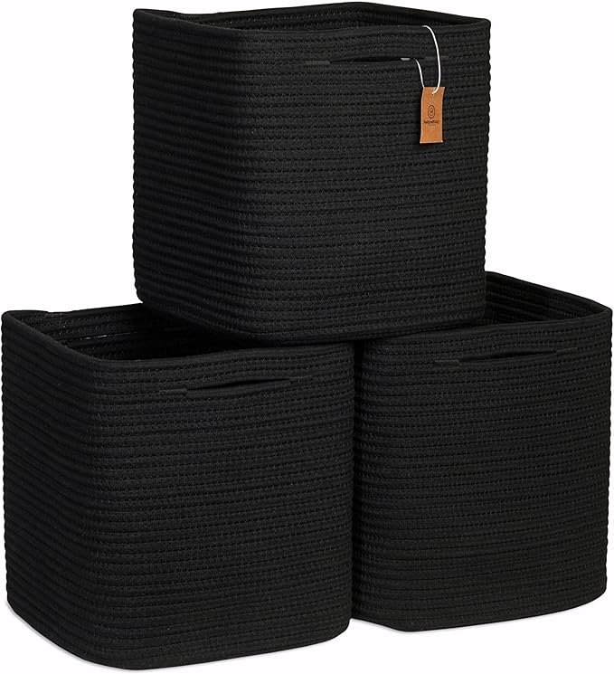 NaturalCozy Storage Cubes 11 Inch Cotton Rope Woven Baskets for Organizing, 3-Pack | Cube Storage Bin | Square Storage Baskets for Shelves Organizer, Classroom, Kids Toy Bins, Closet, Baby Nursery-Ruum Studio Home