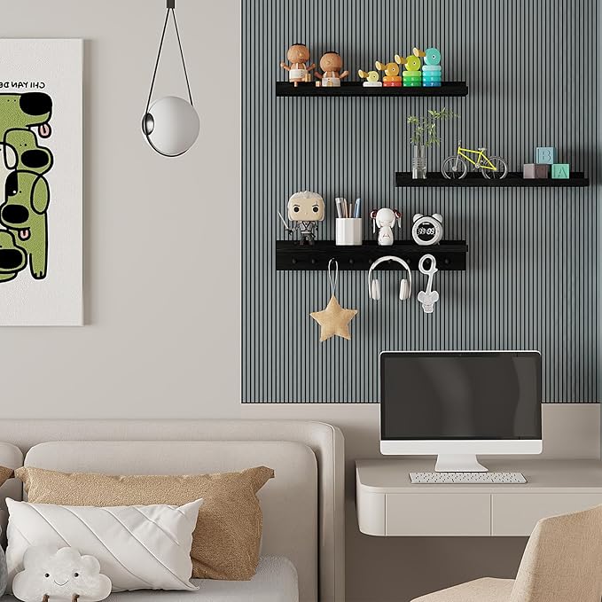 MBYD Black Picture Ledge Shelf with Hooks, 24 Inch Floating Book Shelves Kids Room, Wall Mounted Nursery Bookshelves, Hanging Bookshelf for Bedroom, Living Room, Kitchen, Bathroom Set of 3-Ruum Studio Home