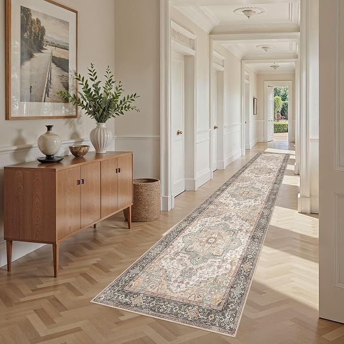 Washable 2.6x14 Runner Rug - Area Rugs Neutral Vintage Distressed Floral Farmhouse Boho Large Soft Floor Rug Indoor Carpet for Hallway Entryway Home - Forest Green Orange-Ruum Studio Home
