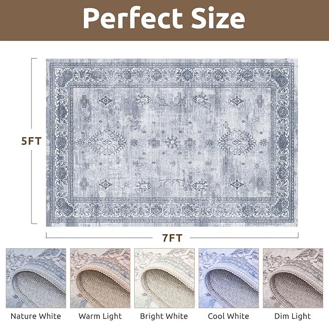 AMOAMI-Vintage Area Rug 5X7 Blue Rugs for Living Room-Soft Living Room Rug Non Slip Rugs for Bedroom Carpet Machine Washable Rug for Dining Room Bedside Office Room Decor-Ruum Studio Home