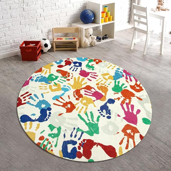 STARUIA Colorful Round Kids Rug 5 Ft, Machine Washable Rug for Playroom, Non-Slip Circle Rugs for Classroom, Soft Circular Carpet Handprints and Footprints Play Mat for Nursery Bedroom Preschool-Ruum Studio Home