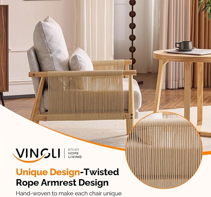 VINGLI Boho Braid Accent Armchairs Set of 2,Mid-Century Modern Chiars with Solid Wooden Armrest,Comfy Louge Cushion Chairs with Waist Pillow for Bedroom,Living Room,Reading Room, Light Grey-Ruum Studio Home