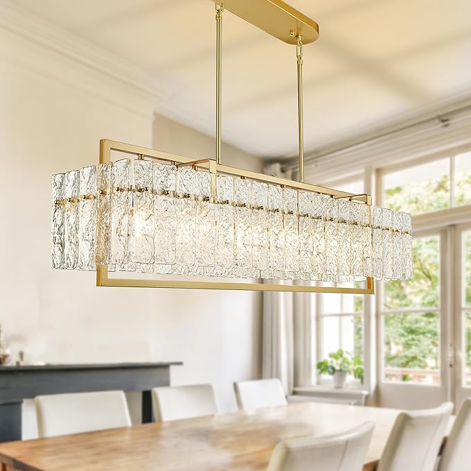 IKK Modern Rectangle Gold Crystal Chandeliers for Dining Room, 42" Large Rectangular Water Ripple Glass Island Light Fixture, Elegant Linear Lighting for Kitchen Island, Living Room, L42 x W11 x H12-Ruum Studio Home
