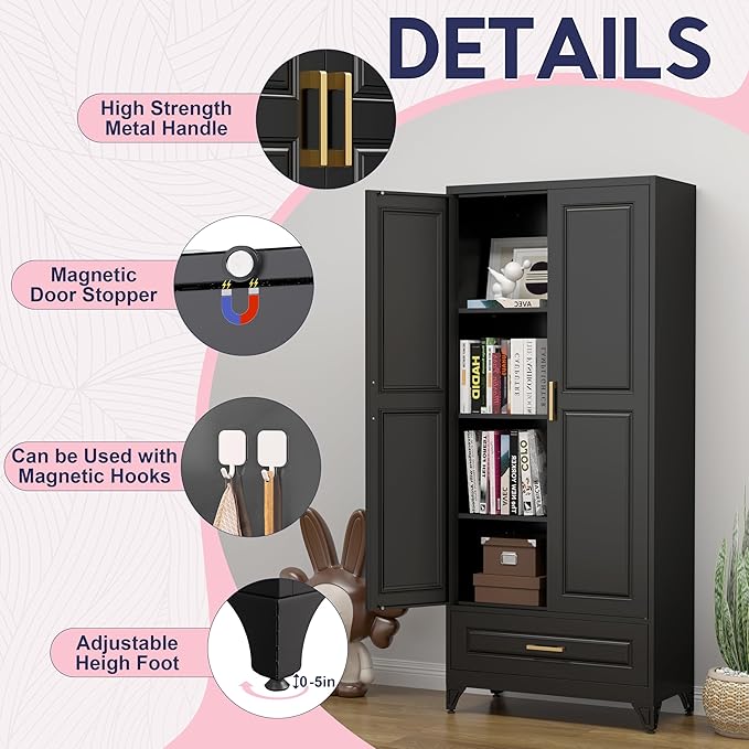 Pantry Kitchen Cabinet with Drawer, 75" Tall Pantry Storage Cabinet, Metal Storage Cabinets with Doors and Shelves, Large Freestanding Cupboard for Dining Room, Assembly Required, Black-Ruum Studio Home