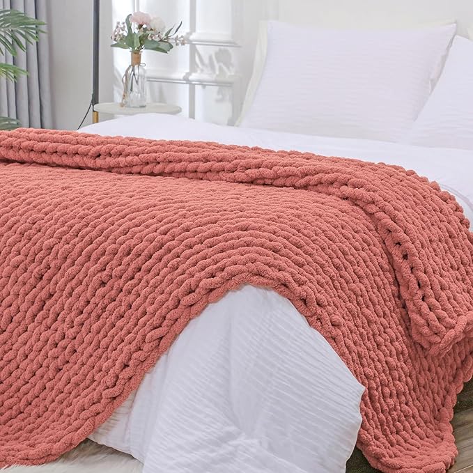 Bigacogo Chunky Knit Throw Blanket for Couch, 51x63 inches, 100% Hand Knitted with Thick Jumbo Chenille Yarn, Cozy Soft Large Rope Knot Cable Crochet Blankets for Sofa Bed Living Room, Antique Red-Ruum Studio Home