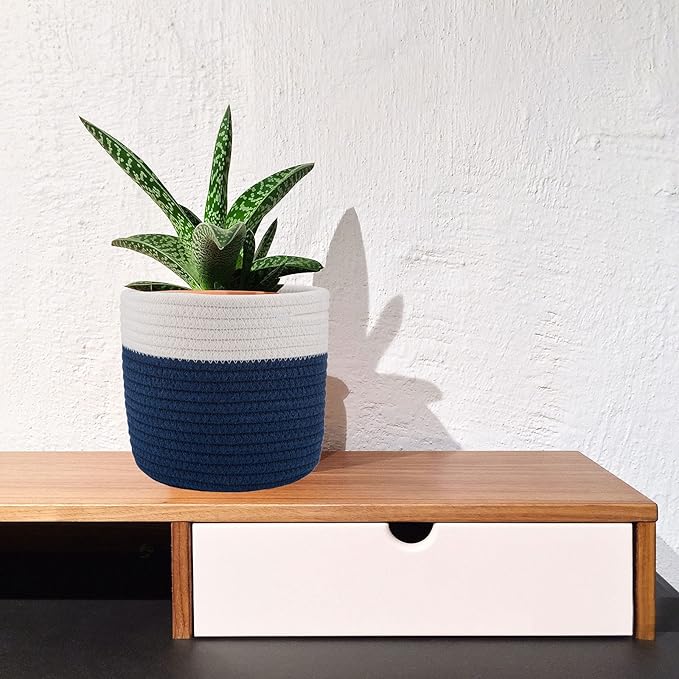 Cotton Rope Plant Basket Woven Baskets for 6" Pot Floor Indoor Planters,Rustic Home Decor H6 3/4" x W6 1/2" White Stitching Navy Blue-Ruum Studio Home