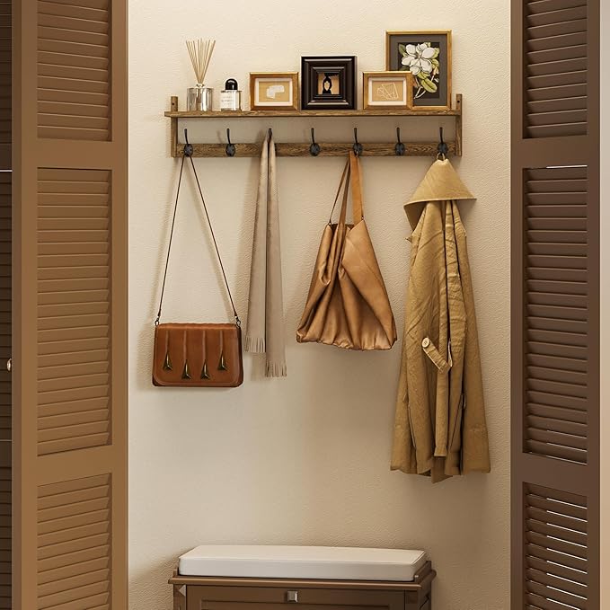 BAMEOS Coat Rack Wall Mount, Large Wooden Coat Hooks with Shelf, 35" L, 7 Dual Metal Hooks for Entryway, Bathroom, Kitchen, Living Room, Bedroom-Ruum Studio Home