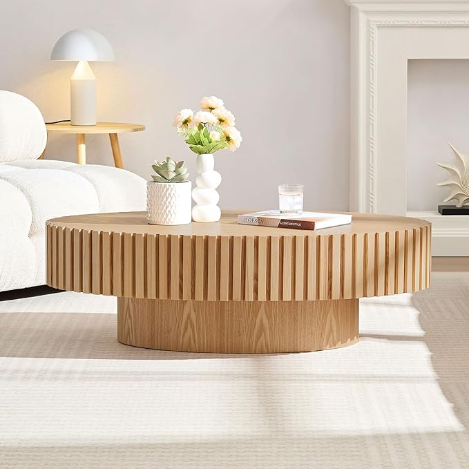 Oval Coffee Table for Living Room, Modern Fluted Coffee Tables with Pedestal Base, Handcrafted Centre Tea Tables Easy Assembly-43.7" Natural-Ruum Studio Home