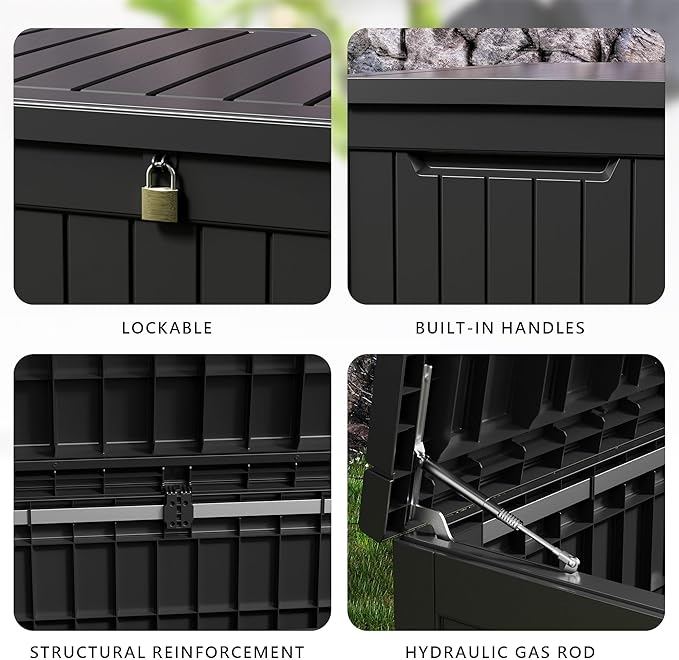 DRATO 230 Gallon Deck Box, Outdoor Large Waterproof Resin Storage Box with Lockable Lid for Patio Cushions, Gardening Tools, Sports Equipment, Black-Ruum Studio Home
