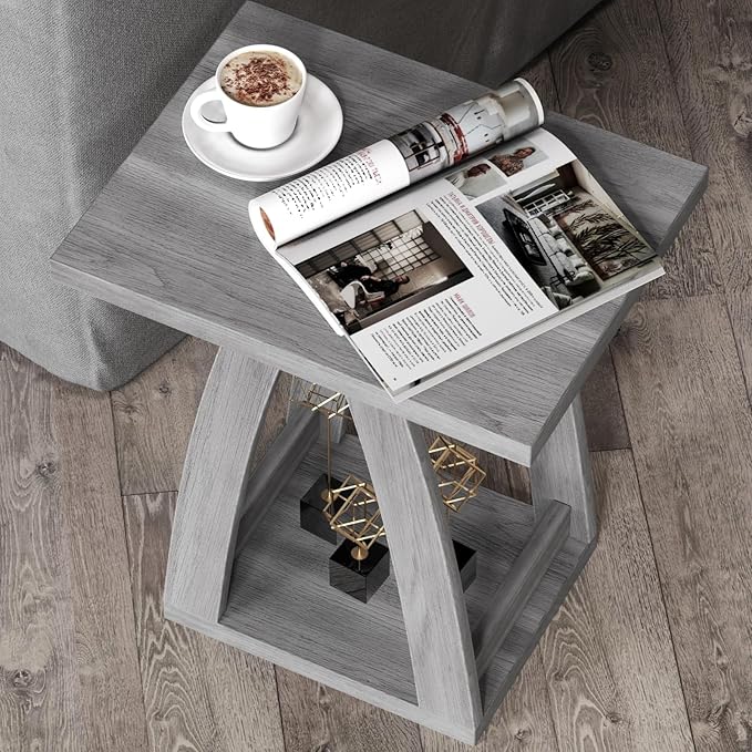 End Tables Living Room, Side Table Beside Sofa, Nightstand for Bedroom, Couch Side Table with Shelf, Modern End Table for Living Room, Grey End Table Set of 2-Ruum Studio Home