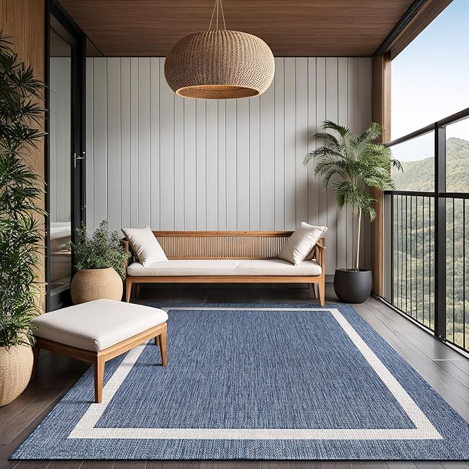 Bordered Outdoor Rug 9x12 Washable Outside Carpet for Indoor Patio Porch Waterproof Easy Cleaning Non Shedding Area Rugs Blue 9 x 12-Ruum Studio Home