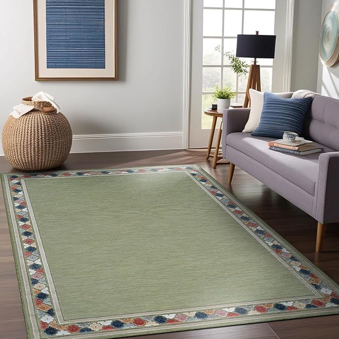 Beverly Rug Outdoor Rug 9x12 Modern Bordered Large Area Rugs for Indoor and Outdoor Patio Easy to Clean Non Shedding Living Room Porch Garden Washable Outside Carpet (9 x 12 Green)-Ruum Studio Home