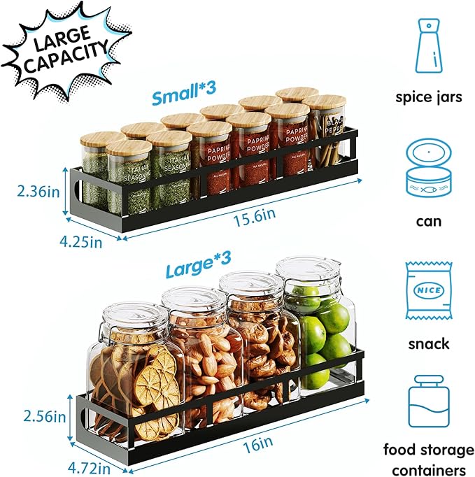 X-cosrack 6-Tier Wall-Mounted Spice Rack Organizer with Mixed Basket Sizes, Height-Adjustable Hanging Spice Shelf for Kitchen Pantry Cabinet, Large-Capacity Seasoning Holder, Black-Ruum Studio Home
