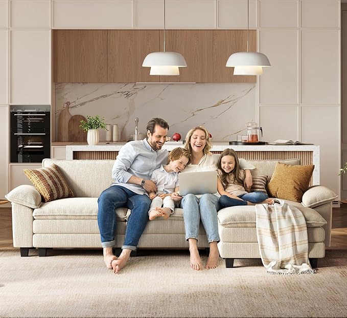 LINSY HOME Modular Sectional Sofa - 123'' Comfy Corduroy Cloud Sofa Oversized L Shaped Couch with Movable Ottoman, Soft Modern Sofa for Living Room Apartment, Beige-Ruum Studio Home