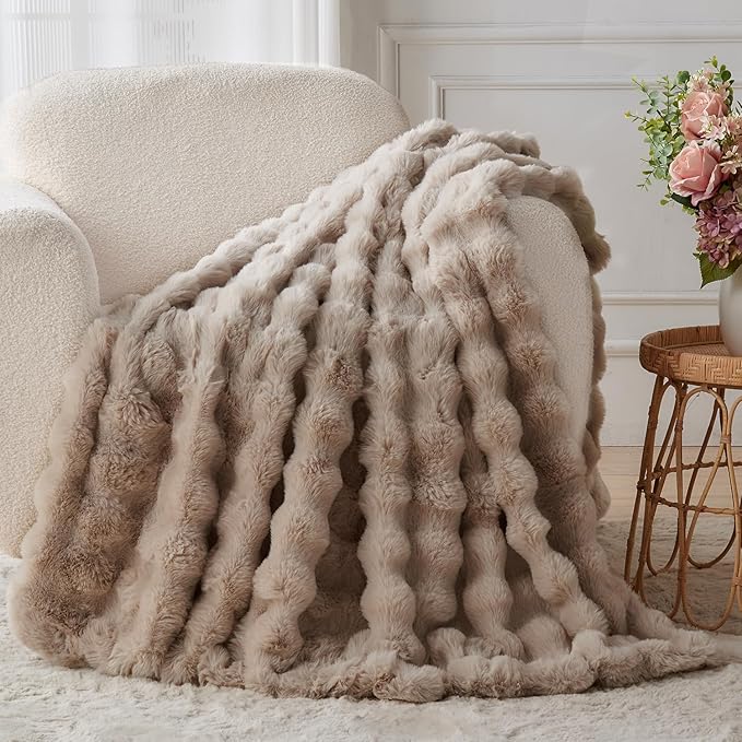 Lotus Karen Faux Fur Throw Blanket Linen - 800 GSM Bubble Rabbit Fluff Blanket for Couch Bed Sofa,Softest Fluffy Fuzzy Cozy Blanket,Thick Furry Plush Shaggy Warm Blankets for Women,60x80 Inches-Ruum Studio Home