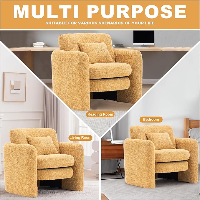 Chenille Accent Armchair Oversize Upholstered Barrel Comfy Modern Round Lounge Sofa Chair with Pillow Cozy Reading Chairs for Apartment,Office,Living Room,Dining,Makeup,Club,Yellow-Ruum Studio Home