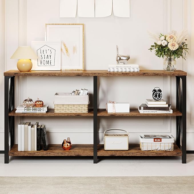 LVB Wood Console Table, Rustic 3 Tier Sofa Table Behind Couch, Industrial Metal Entryway Table with Storage Shelf, Farmhouse Wooden Foyer Hallway Table for Entry Living Room, Rustic Brown, 55 Inch-Ruum Studio Home