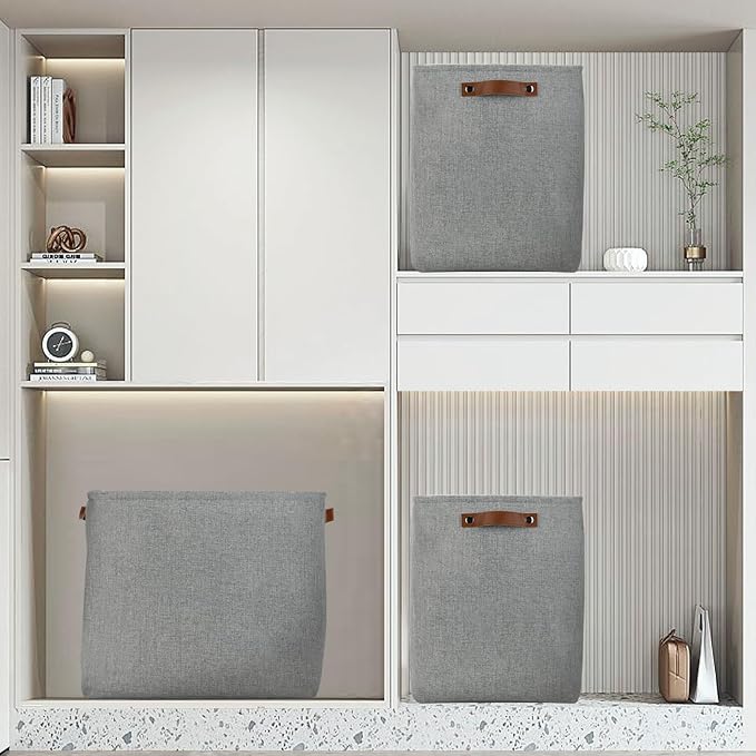 DULLEMELO Large Storage Baskets for Blankets Living Room 51L Canvas Storage Baskets for Organizing 3 Pack Collapsible Baskets Bins for Organizing Home Office with Handles (Grey)-Ruum Studio Home