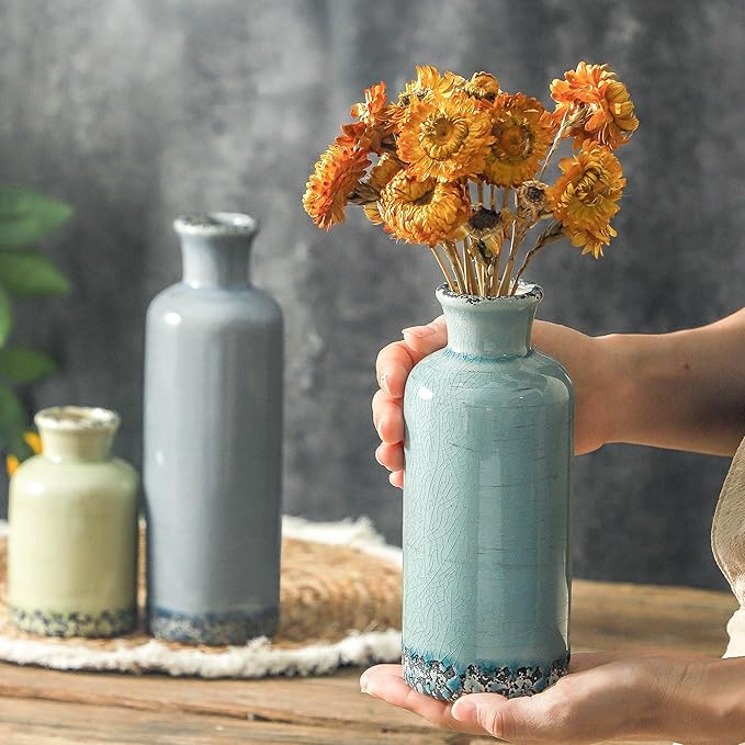 Flower Vase Set of 3, Ceramic Neutral Vases Home Decor, Pottery Rustic Farmhouse Decorative Vases Modern Decor for Table Mantel Entryway Bookshelf Living Room Kitchen Bedroom - Multicolor-Ruum Studio Home