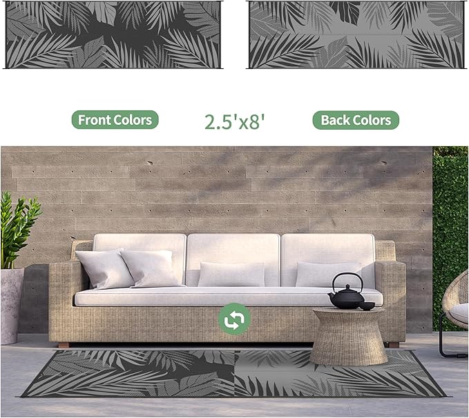 GENIMO Outdoor Rug 2.5' x 8' Waterproof for Patios Clearance, Reversible Outdoor Plastic Straw Camping Rug Carpet, Large Area Rugs Mats for RV, Camper, Deck, Balcony, Porch, Beach, Picnic, Black&Grey-Ruum Studio Home