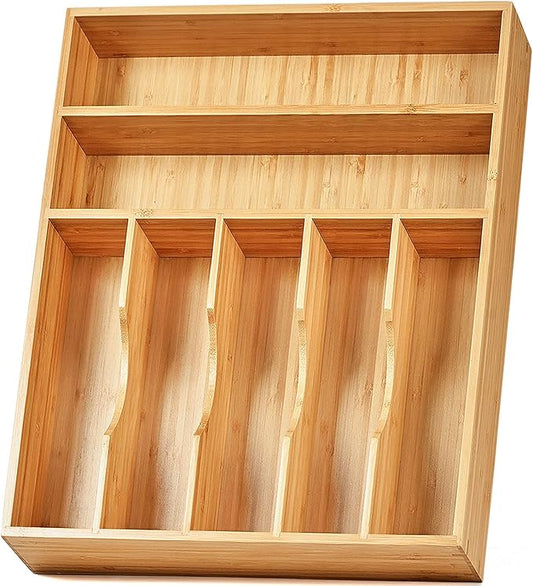 Umilife Kitchen Drawer Organizer, 12.5 Inch Silverware Utensil Tray Holder, Extra Deep, with Non-Slip Feet & Grooved Drawer Divider, 7 Slots Total Bamboo Wood Caddy for Flatware Cutlery Knives-Ruum Studio Home