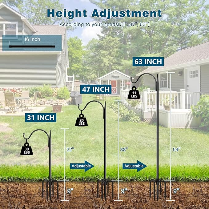 Gtongoko 63 Inch Shepherds Hooks for Outdoor with 5 Prongs Base, Adjustable Bird Feeder Pole Garden Hooks for Hanging Lanterns, Plants Baskets, Hummingbird Feeders, 1 Pack-Ruum Studio Home
